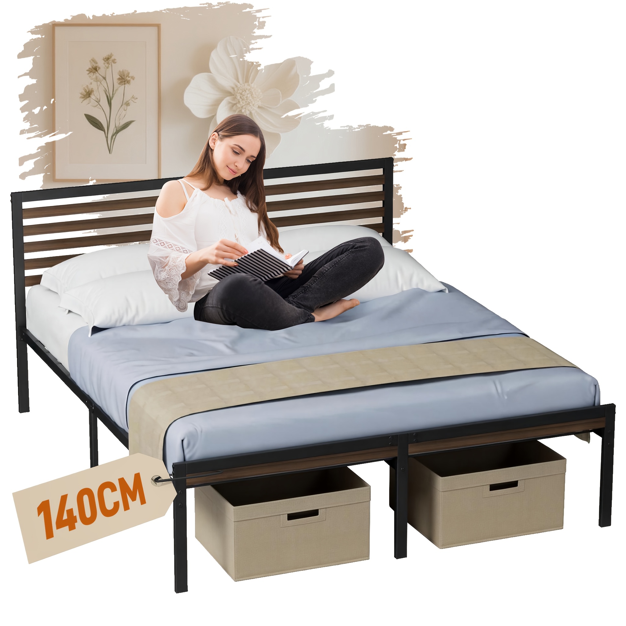 TEMU Modern Metal Bed Frame, Platform Bed With Wood-look Headboard, Stable Metal Construction, Under-bed Storage Space, Suitable For Bedrooms And