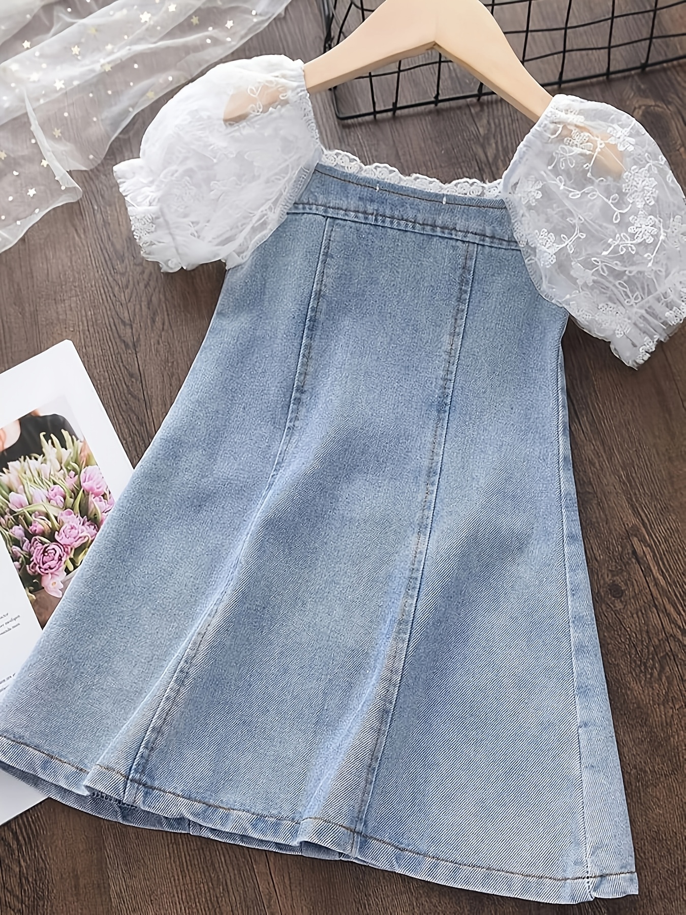 girls stylish a line dress with bubble gauze sleeves and soft denim a trendy new summer outfit for children Product details 1