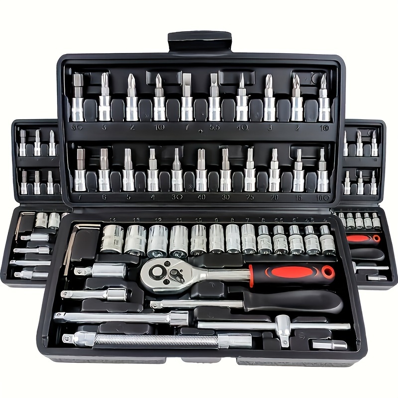 TEMU 46pcs Socket Wrench Set With 1/4 Inch - Durable Steel, Preassembled, Manual Tool Kit For Auto Repair & , Metric Sockets Included With Storage