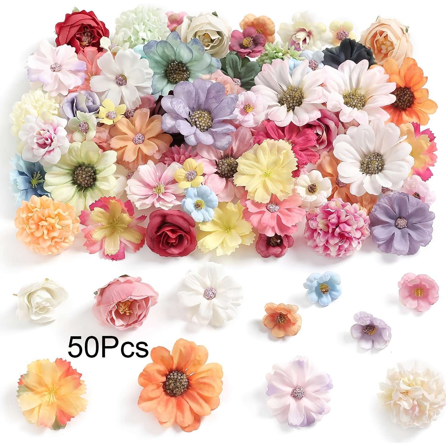 TEMU 1 Confezione (50 Fiori) Testa Artificiale Mini Multicolore di Margherita Rosa per Decorazioni di Fiori Festa di Matrimonio Decorazioni per la