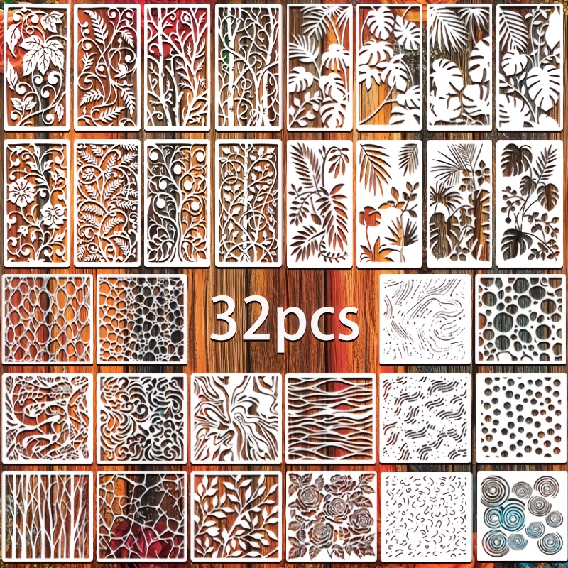 TEMU Un ensemble de 32 pochoirs pour peinture géométrique, de feuilles et de plantes, pochoirs d'empilement abstraits réutilisables pour l'artisanat,