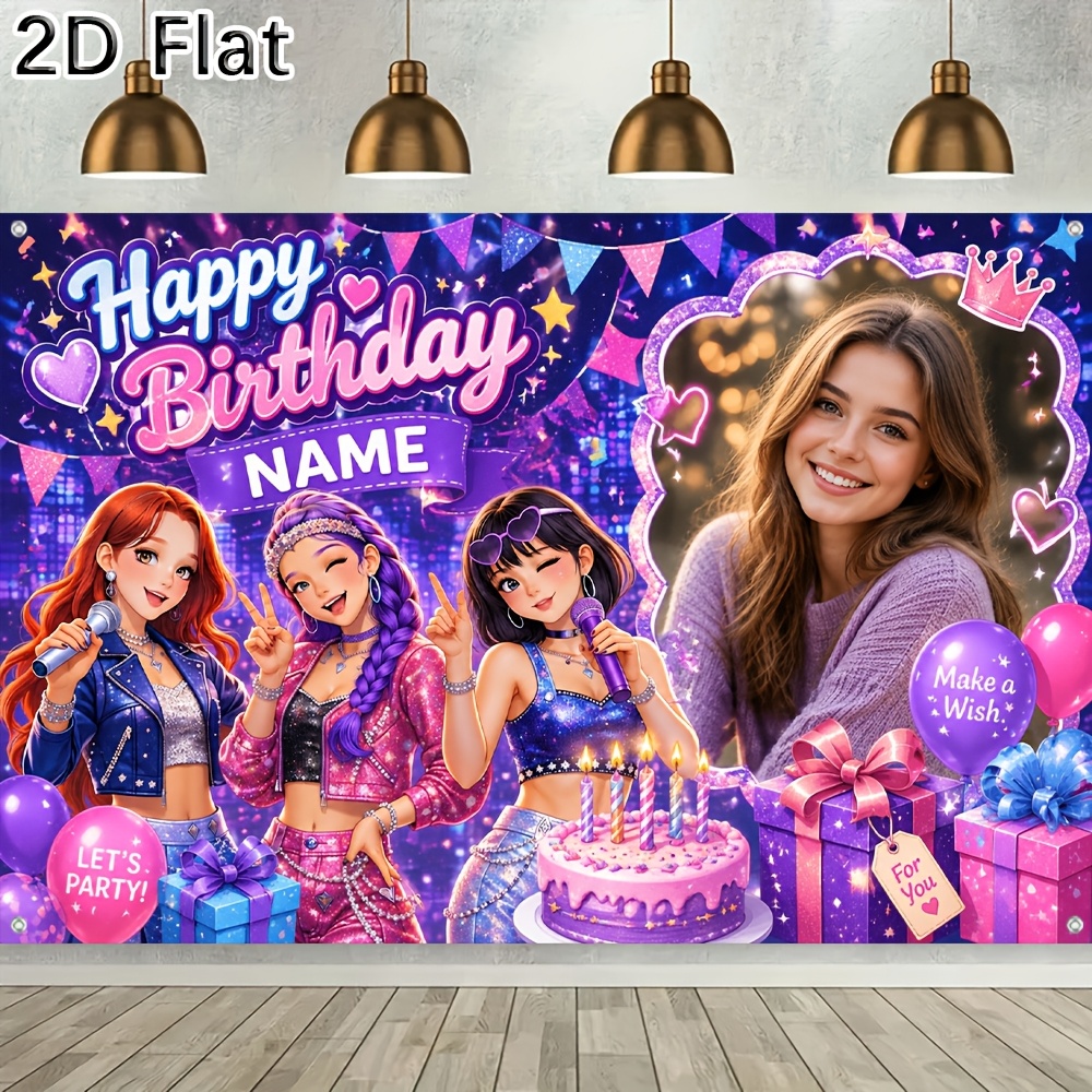 TEMU 2d Flat - [2d Flat] 1pc Party Banner Custom Photo Name Beautiful Lovely Birthday Purple Starry Backdrop With Cake Gifts Hearts Wonderful Great