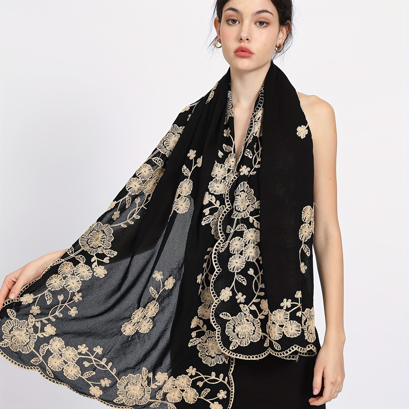 TEMU 1pc Black Floral Embroidered Scarf - Vintage Elegant Luxury Handmade Shawl & Scarf Dual-use, High-quality Warm Winter Accessory For Evening ,