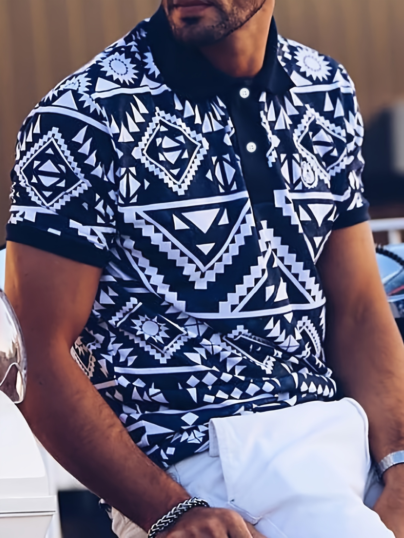 Men's Geometric Tribal Print Shirt - Navy Blue & White Summer Casual Button-Up with Short Sleeves, Machine Washable Regular Fit, Everyday Comfort | Bold Casual Shirt | Buttonup