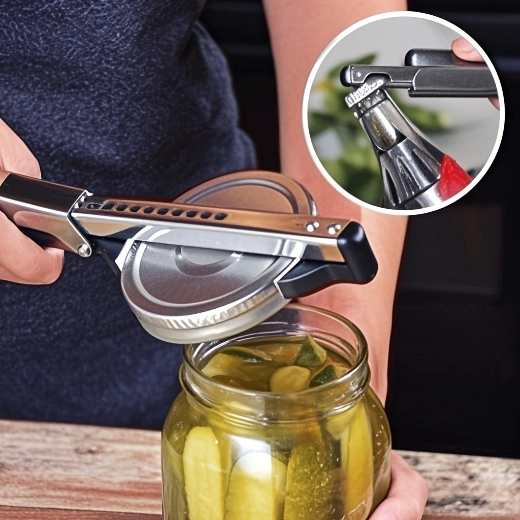 TEMU Adjustable Multifunctional For Opening Jars, Bottles, And Cans, Made Of Stainless Steel. It Features A Soft Rubber Grip Handle Friendly For With Arthritis