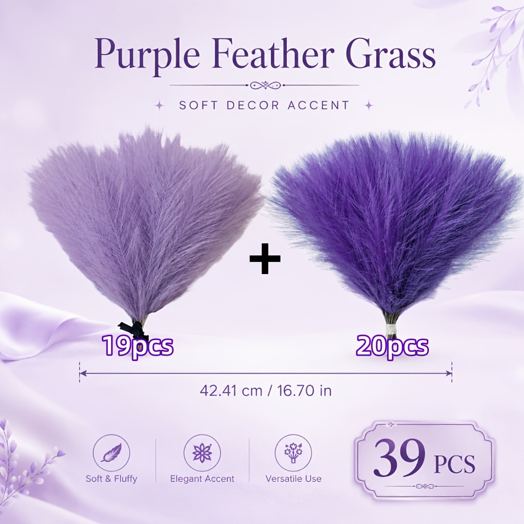 TEMU 39pcs Set Of Double Purple Artificial Reed Bouquet, Indoor And Outdoor Universal Artificial Bouquet, Wedding Party Decoration, Living Room,