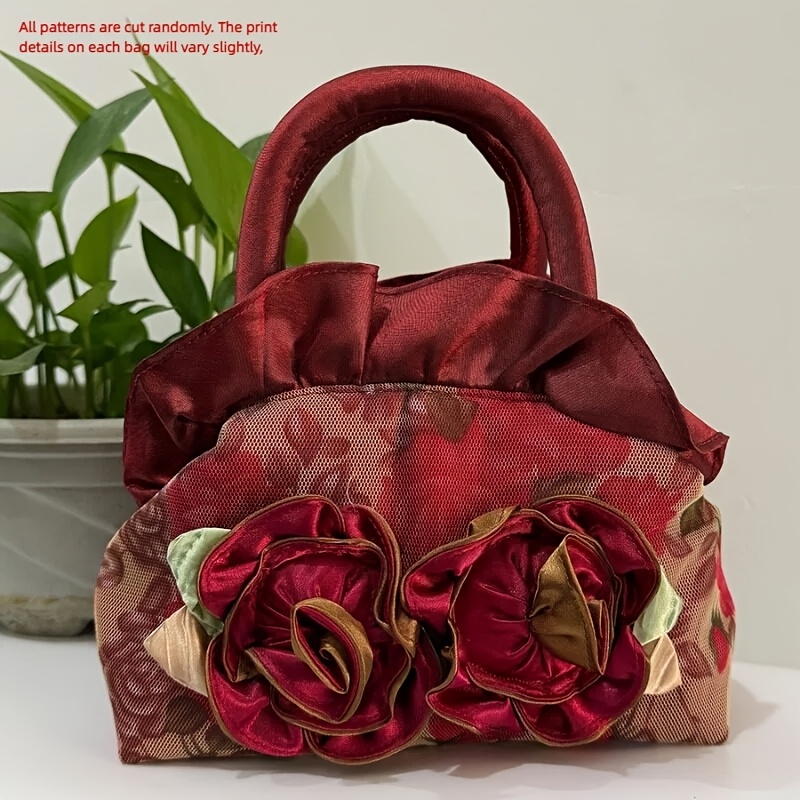 TEMU 1pc Women's Elegant Handbag, New Style Floral Handbag, Large Capacity Ladies' Pleated Lace-trimmed Bag, Cheongsam Bag, Key And Phone Storage