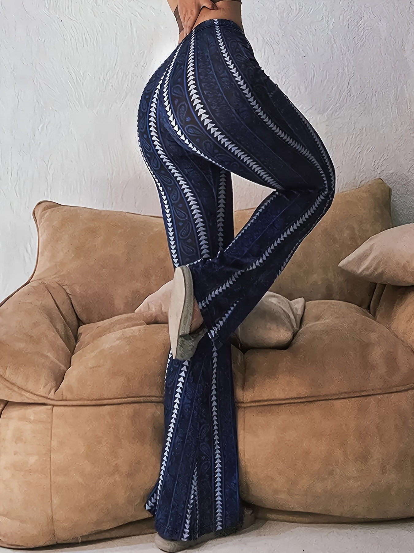 Women'S High-Waisted Stretchy Flared Pants, Featuring a Geometric Print Suitable for All Seasons