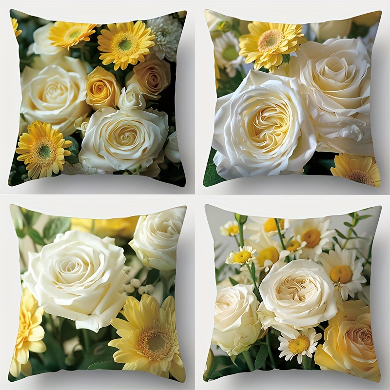

Set Of 4 Fresh Floral Pillow Covers - Yellow & White, Single-sided Print, Soft Polyester, Zip Closure, 17.72" Square - Perfect For Living Room & Office Decor