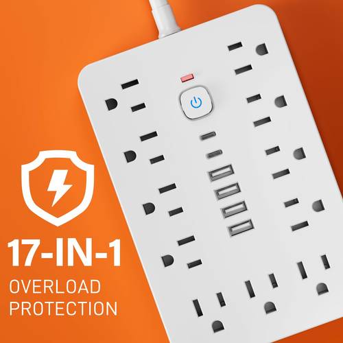 17 in 1 power strip protector with outlets 4usb 2type c ports multi plug outlet expander usb wall plug compact desk multi plug outlet flat plug saving extension cord for home office and kitchen