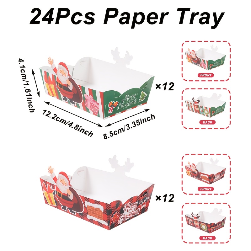 Image of 24pcs, Merry Christmas Food Trays, Santa Snowman Elk Design Snack Tray, Winter Festive Food Boxes, Xmas Party Popcorn Paper Tray, Disposable Tableware, Navidad, Noel Decor