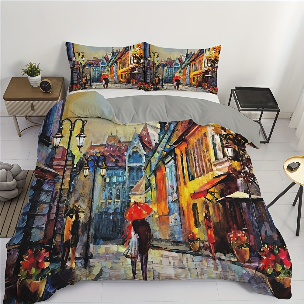 TEMU Set o 3 pezzi con copripiumino stampato con vista in stile pittura a olio, design paesaggistico elegante, e traspirante per l'arredamento della