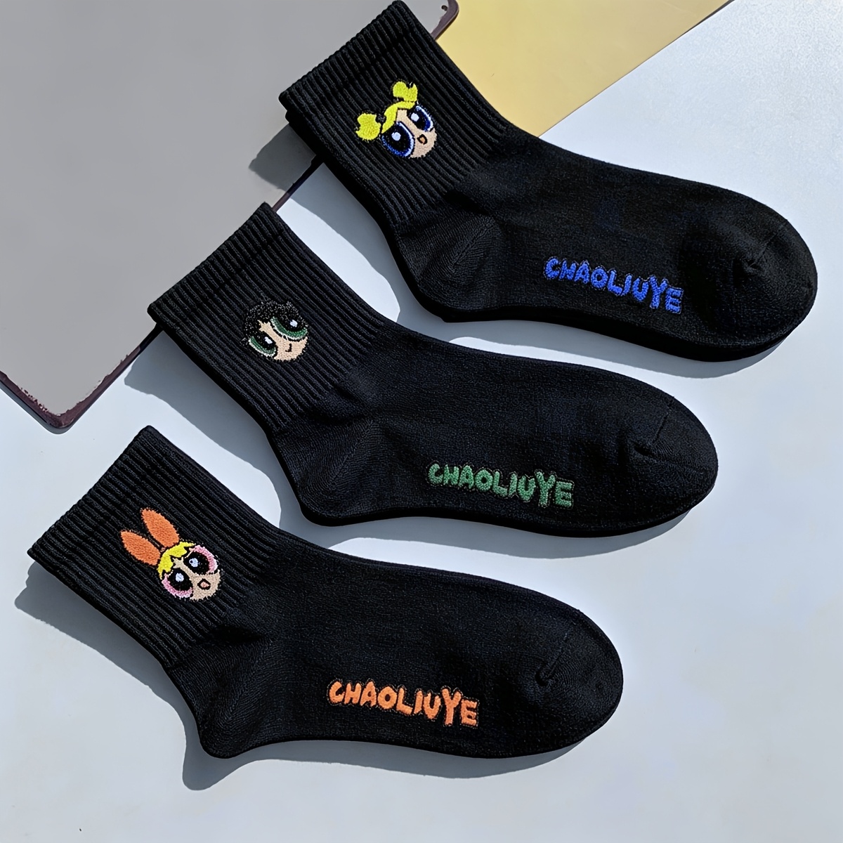 TEMU 3-pair Wb Women's The Powerpuff Socks - Warner . Licensed Mid-calf Suitable For , Reinforced Toe & Heel, Soft Breathable Moisture-wicking, Cute