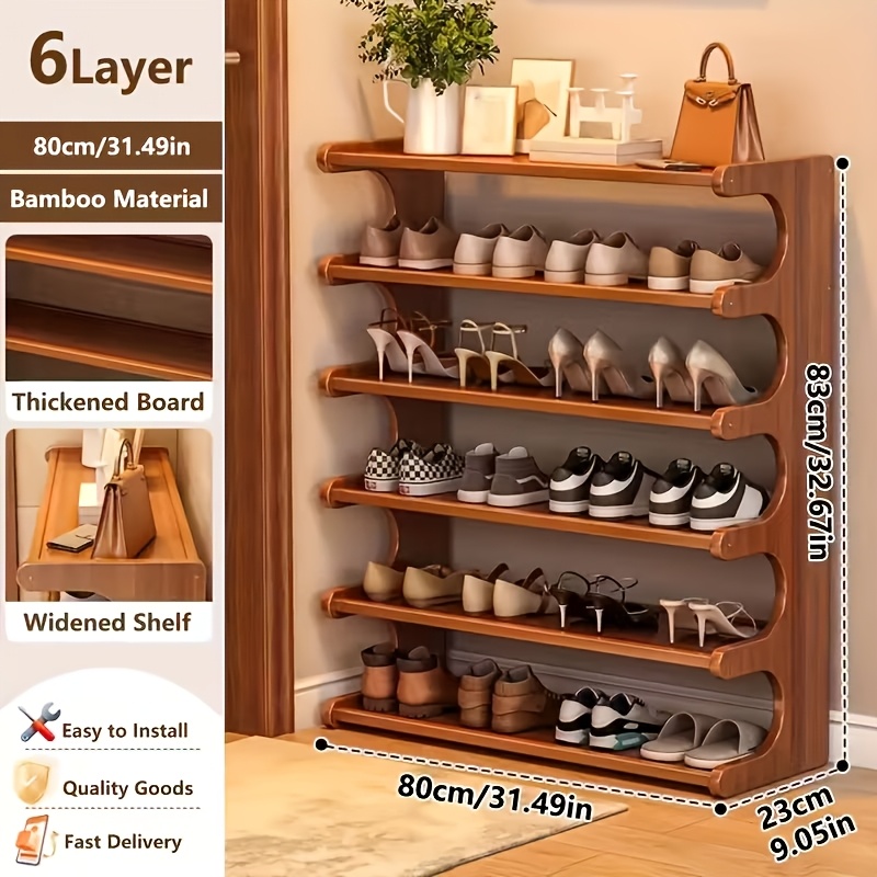 TEMU Étagère à chaussures pliable en bambou à 6 niveaux, assemblage facile, étagère de rangement multicouche pour entrée, placard, chambre à coucher,
