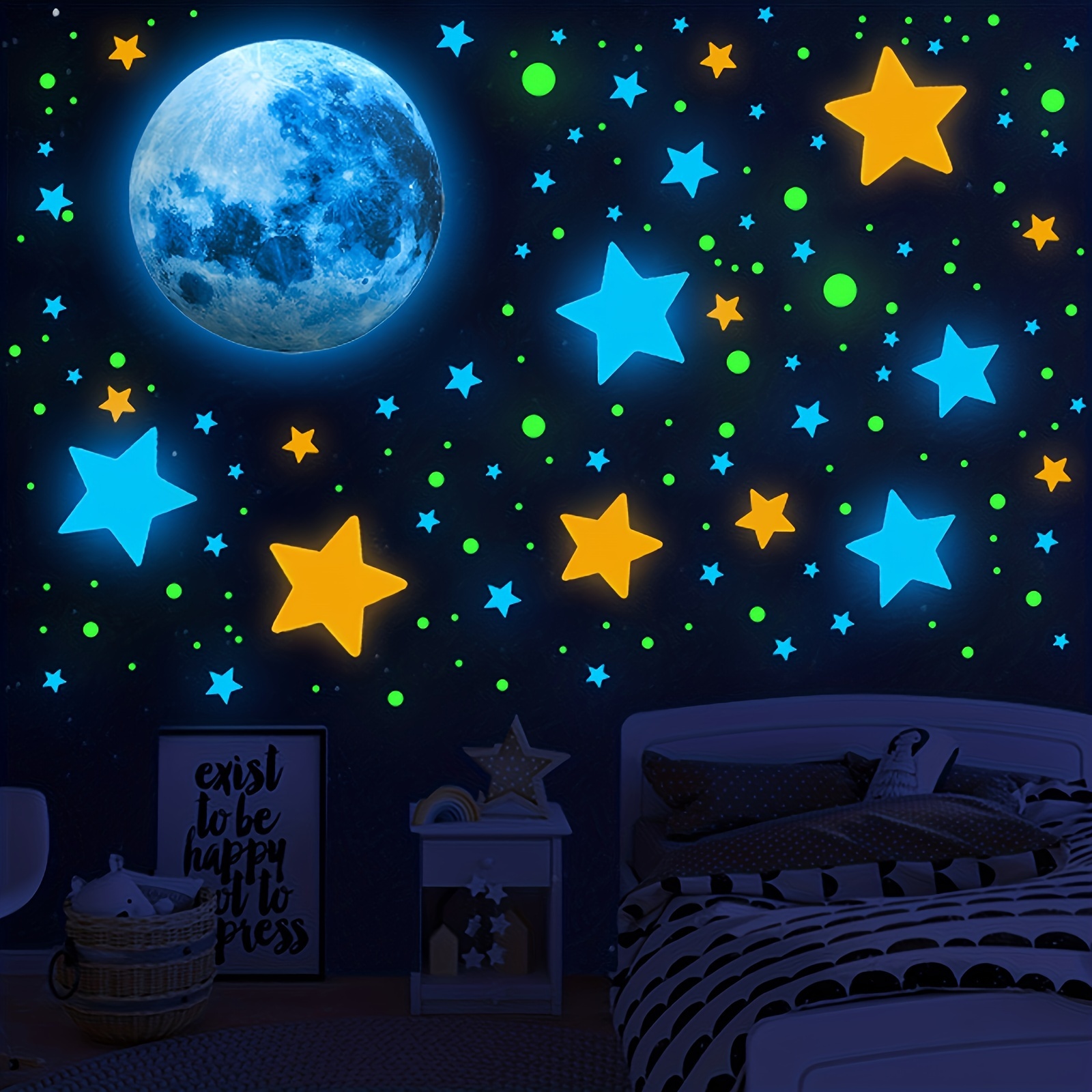 

1208-piece Glow-in-the-dark Star & Moon Ceiling Decals - Colorful Space Galaxy Wall Stickers For Bedroom, Living Room, And Home Decor
