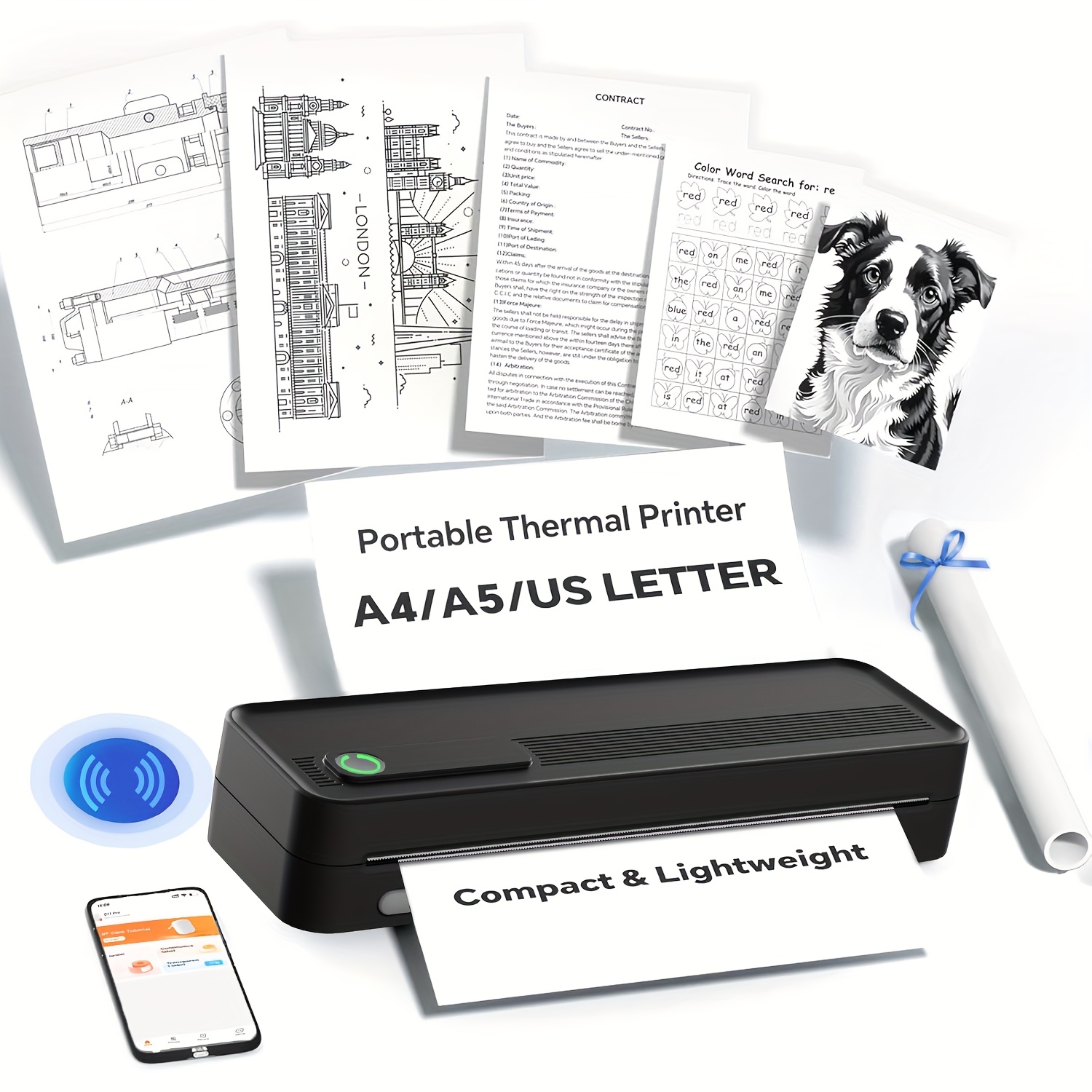 Image of A4 Portable Thermal Paper Printer - Built-in Battery, Paper Tray And Paper Limiters Included, Prints 216-56mm Wide Paper, Suitable For Homework And Office, Travel Use
