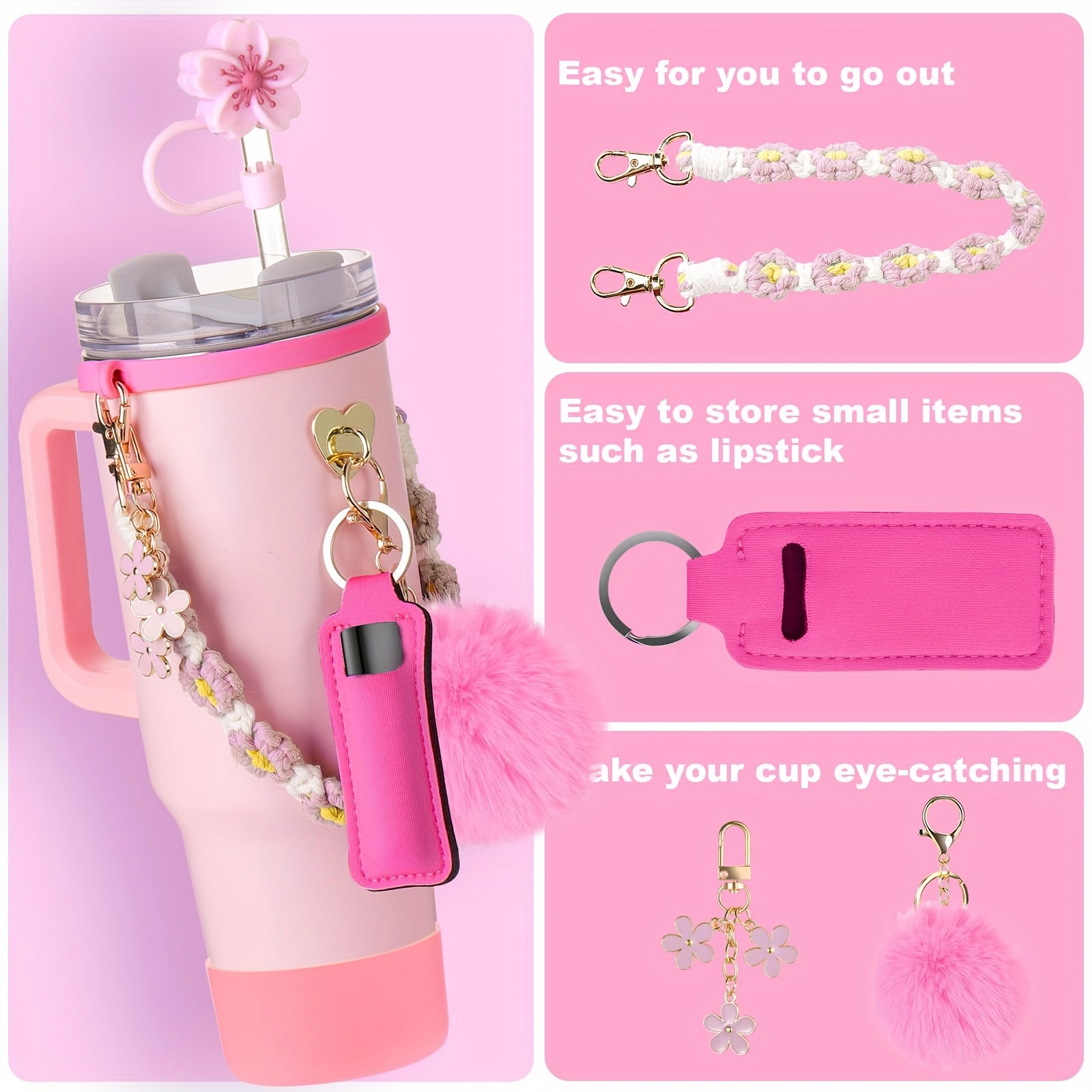 guulone 8pcs water bottle accessory kit silicone handle strap protective sleeve straw cover lipstick pouch cup charms fits 30oz 40oz insulated tumblers details 4
