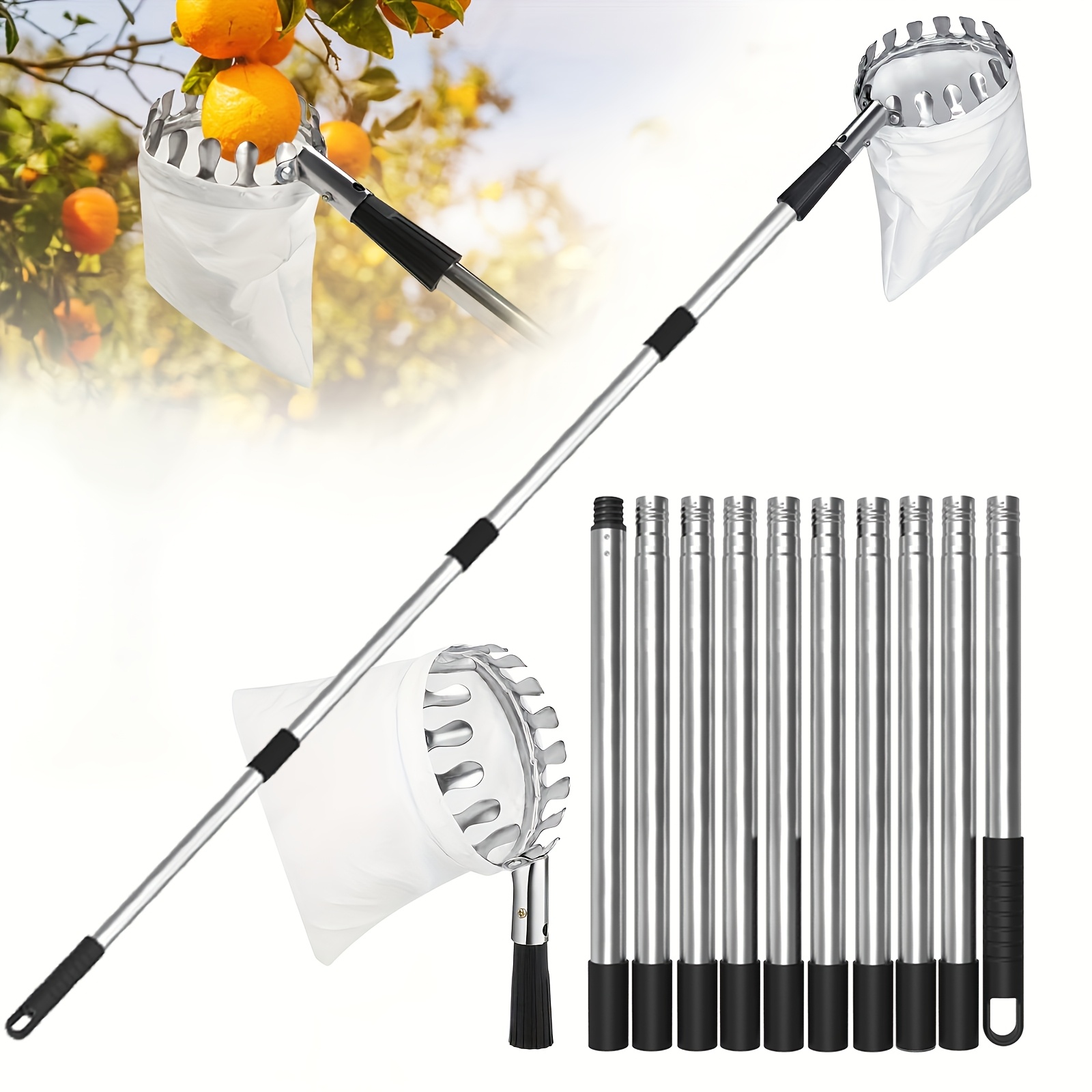 

11ft Adjustable Fruit Picker Pole With Basket, Lightweight Stainless Steel Telescoping Tool For , Mango, Lemon, Orange - Large Non-woven Basket