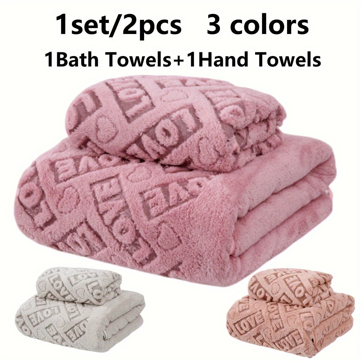 

2pcs Love Textured Bath Linen Set, Thickened Absorbent Face Towel, Soft And Skin-friendly Shower Towel - 1 Bath Towel + 1 Hand Towel, Bathroom Supplies, Home Supplies