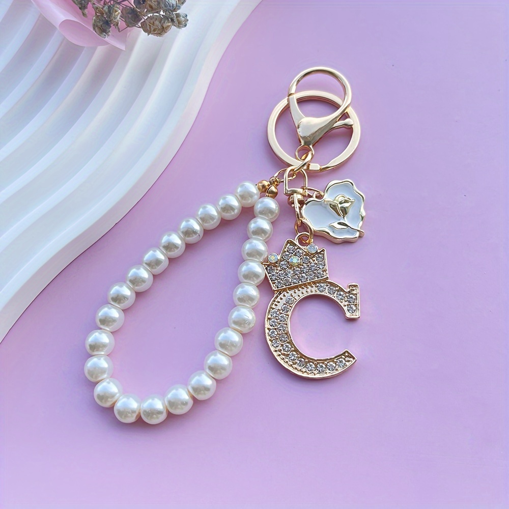 Women's Rhinestone Alphabet Keychain - Simulated Pearl Letter Tassel Bag Charm, Initial Pendant