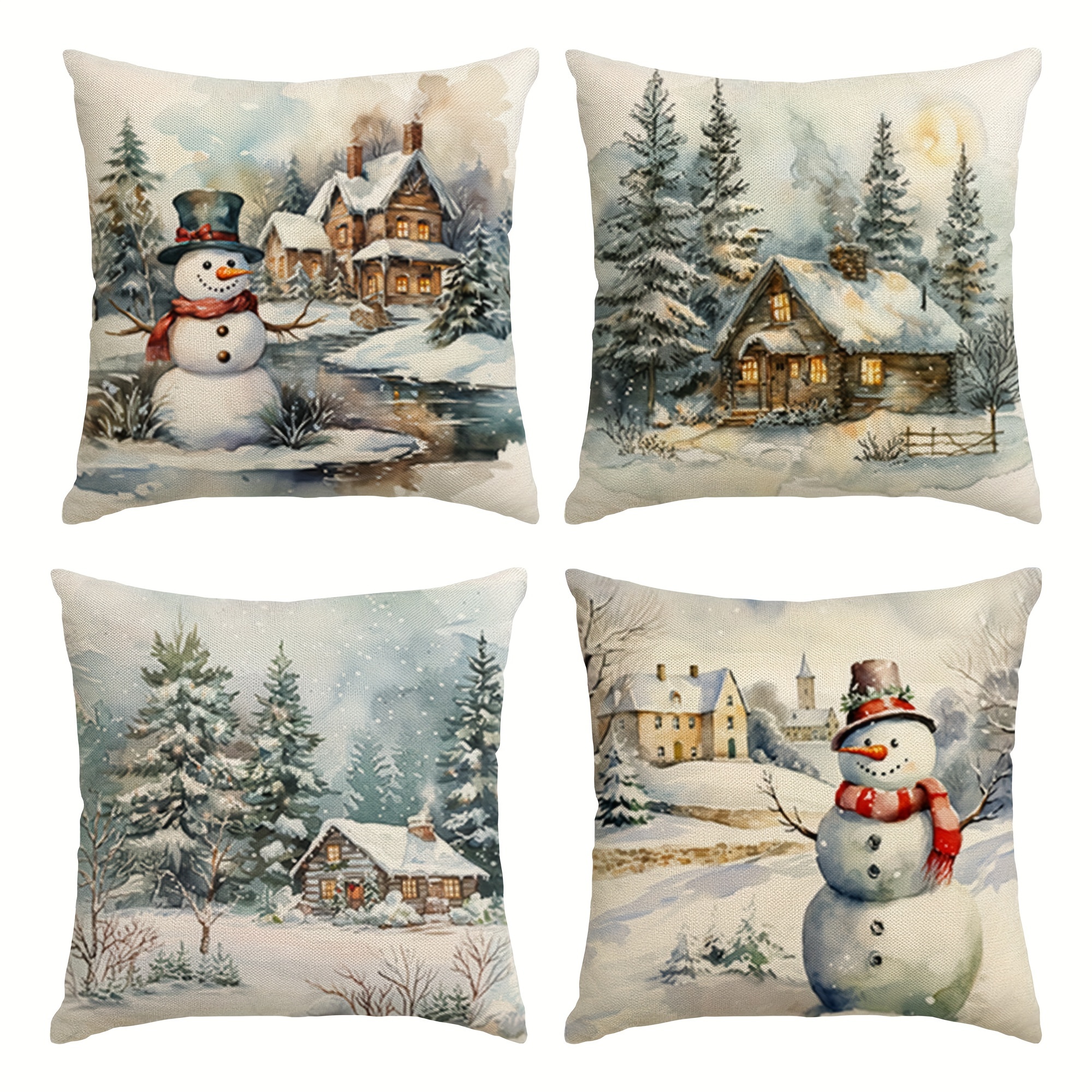 

4pcs, Christmas Pillowcase 18x18 Inches Christmas Snowman With Snow Decoration Vintage Pillowcase Winter Decoration Family Sofa