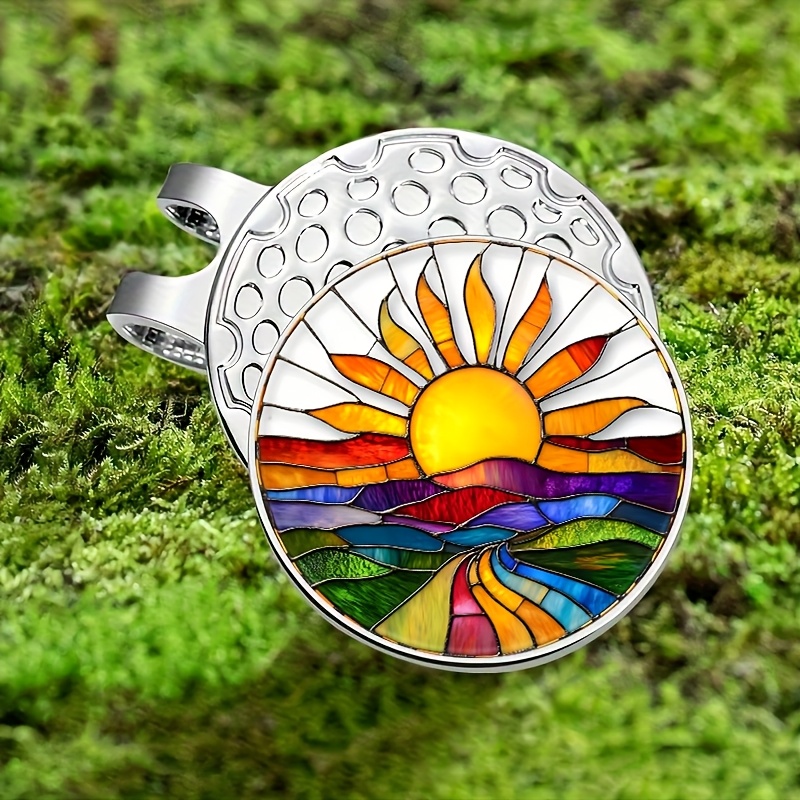 TEMU A Fashionable Stained Glass Window Design Featuring A Sunrise, This Magnetic Hat Clip Serves As A Golf Ball Marker Accessory That Golfers Can And