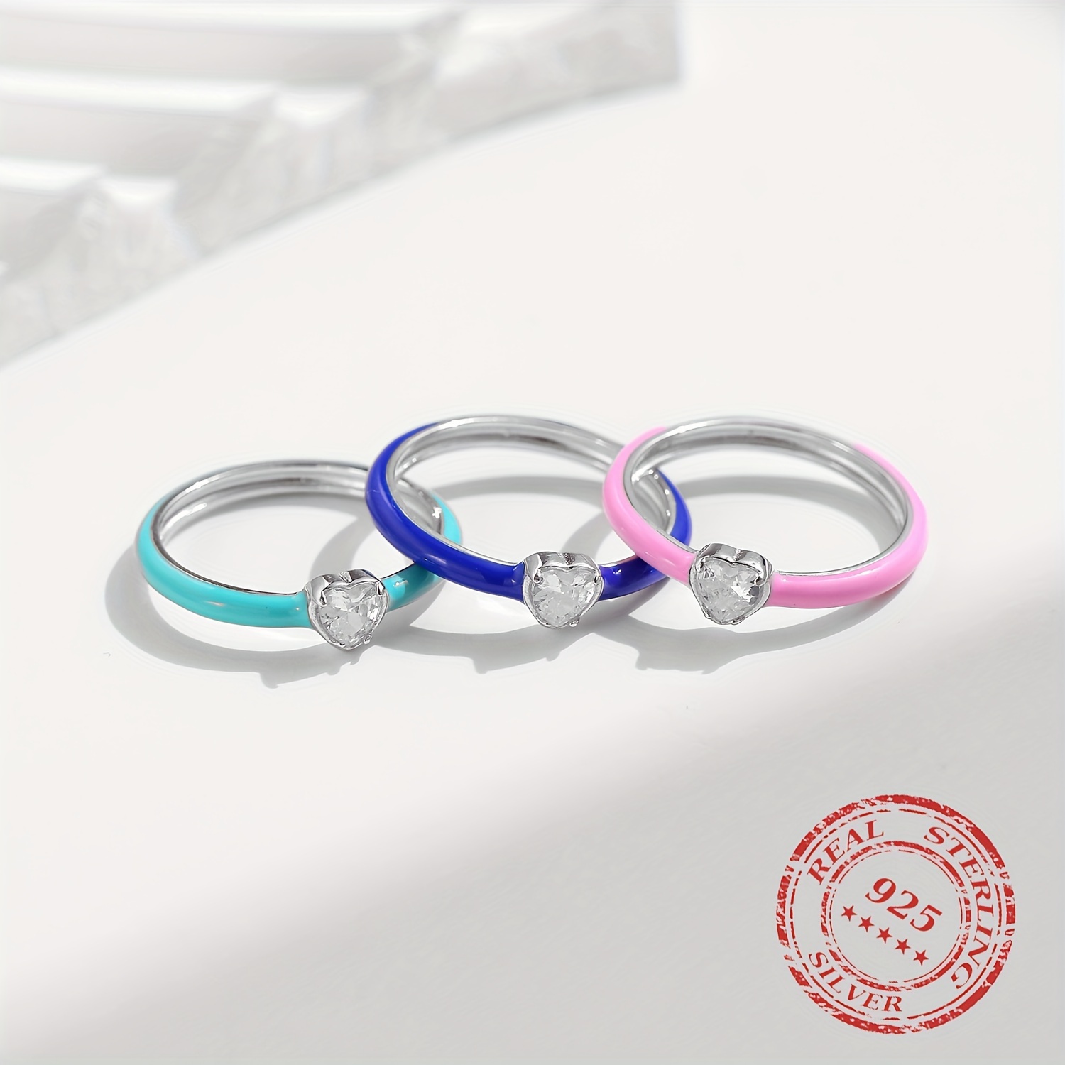 Women's 925 Sterling Silver Colorful Enamel Hearts Stackable Ring
