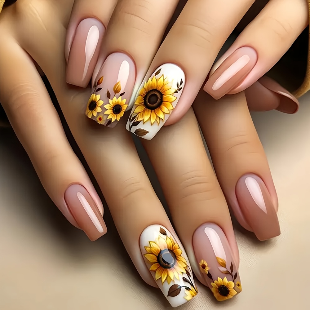 

24pcs Of Long Sunflower Press-on Nails In -brown Gradient, Suitable For Women And Girls For And Dating, Comes With Jelly Glue And A File.