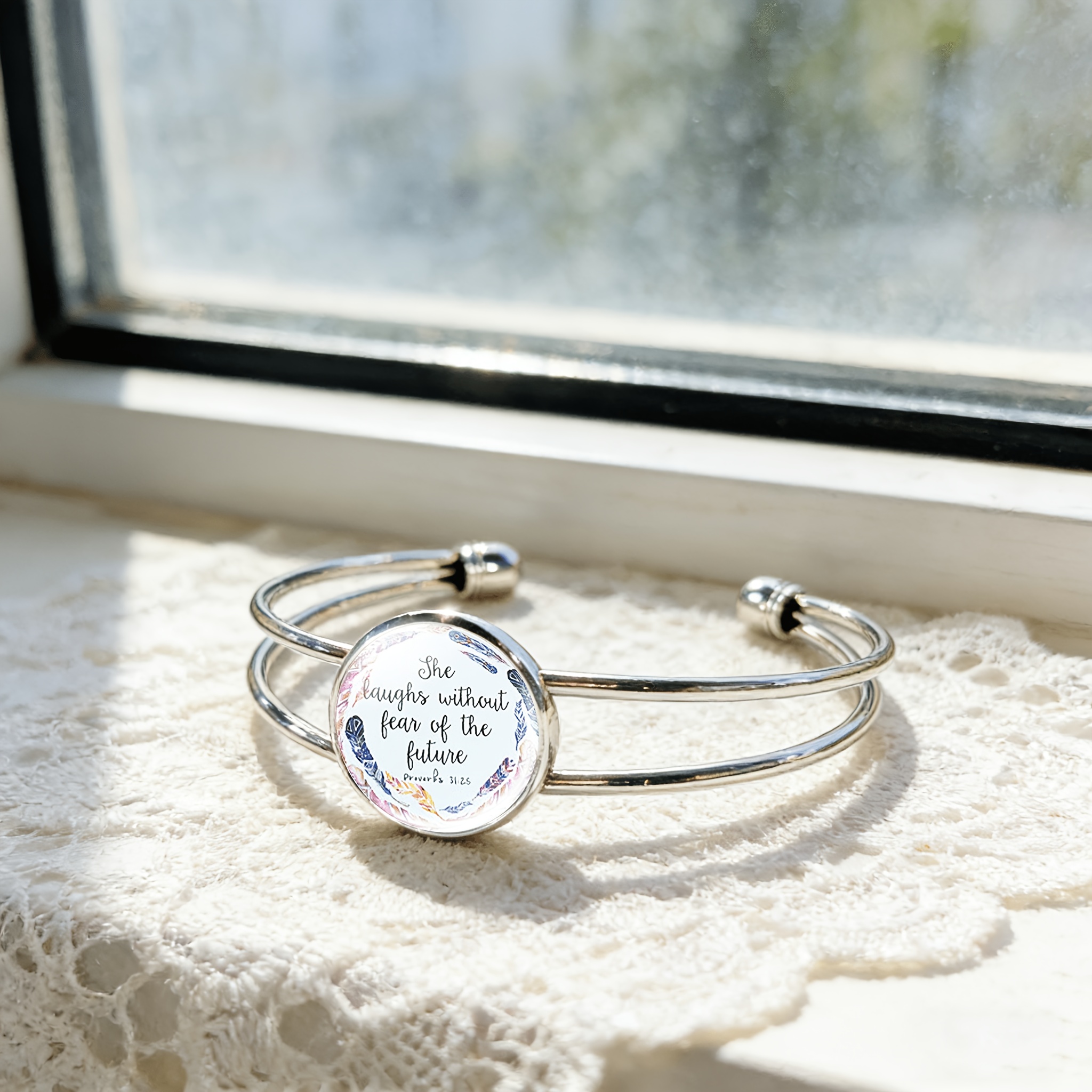 Adjustable Open Bangle with Feather Design