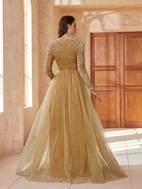 solid sequined v neck dress elegant mesh contrast long sleeve floor length bridesmaid dress womens clothing