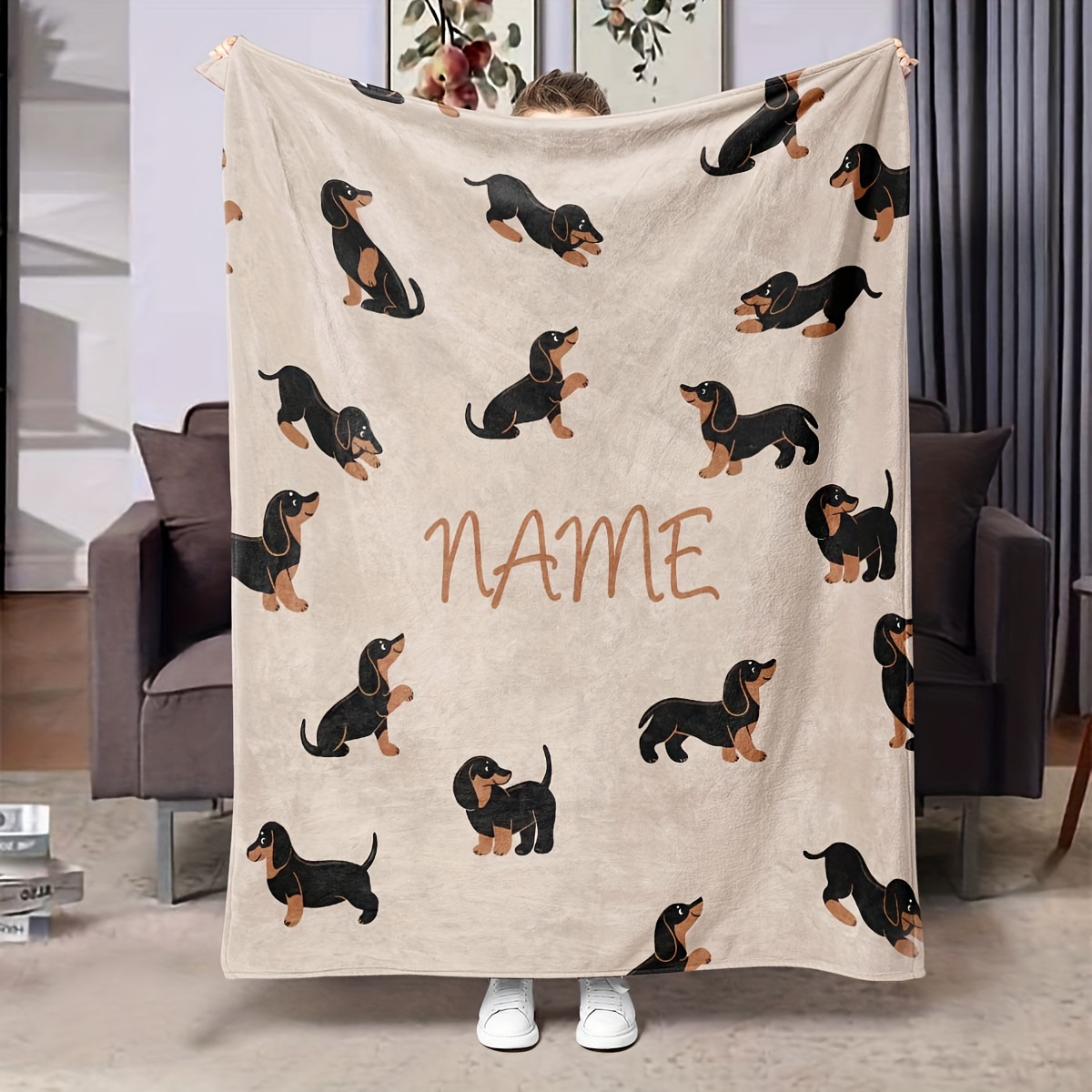 

Custom Name Dachshund Dog Flannel Throw Blanket - Soft, Warm & Cozy For Couch, Bed, Office, And Travel - Perfect Gift For All Seasons Dachshund Blanket