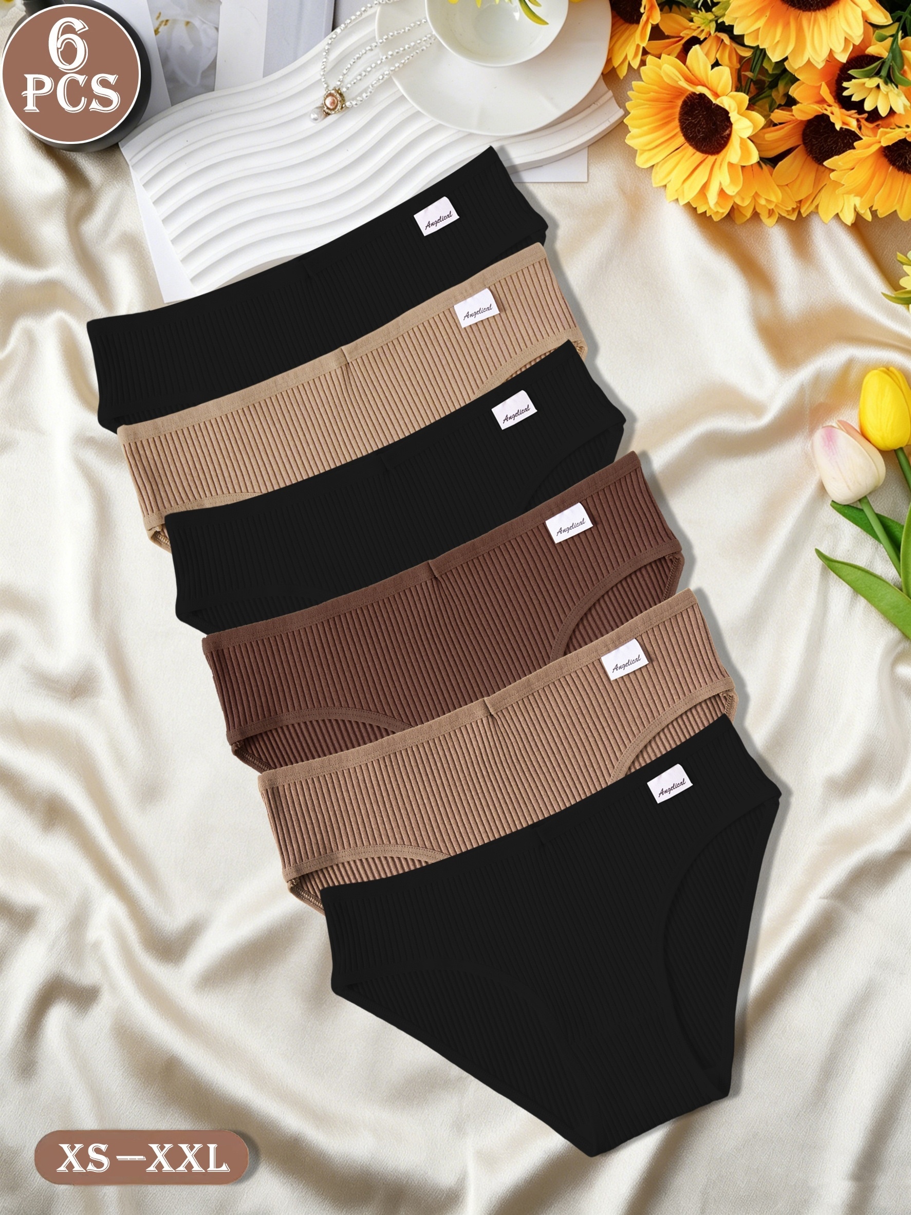 conjunto de 6 cuecas de cintura   com nervuras para mulher, cuecas elásticas   e respiráveis, sem costuras,   confortável que não sobressai, roupa interior casual diária para  , tamanhos xs-xxl