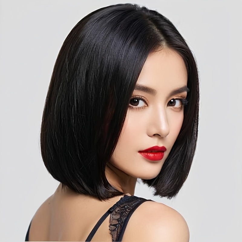 a synthetic   resistant straight wig short bob black wig with bangs 12 inches long suitable for ladies   on festivals