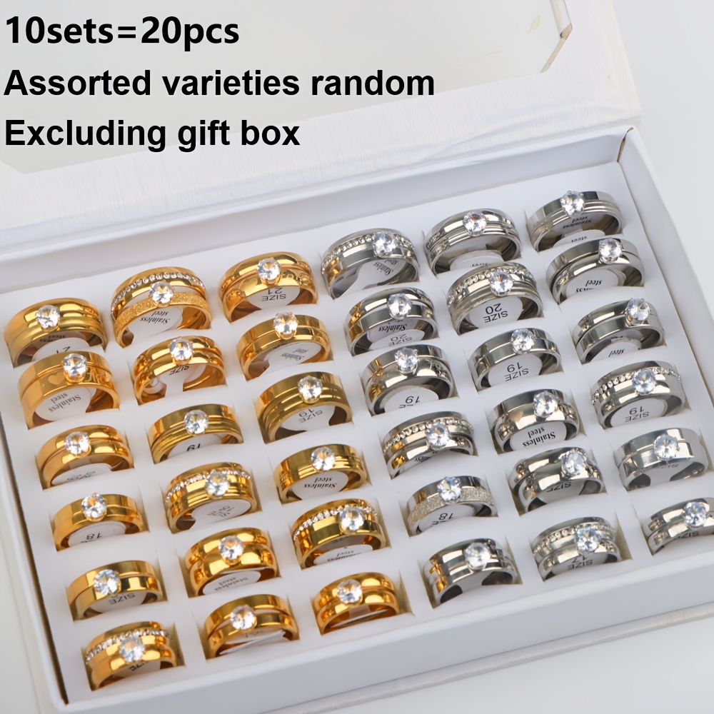 Image of 20pcs Classic Fashion Romantic, Synthetic Stainless Steel Rings, Womenapos Men Couple Wedding Ring Sets Jewelry, Proposal Engasynthetic Gemstoneent Anniversary Valentine Day Gifts, Random Shipping