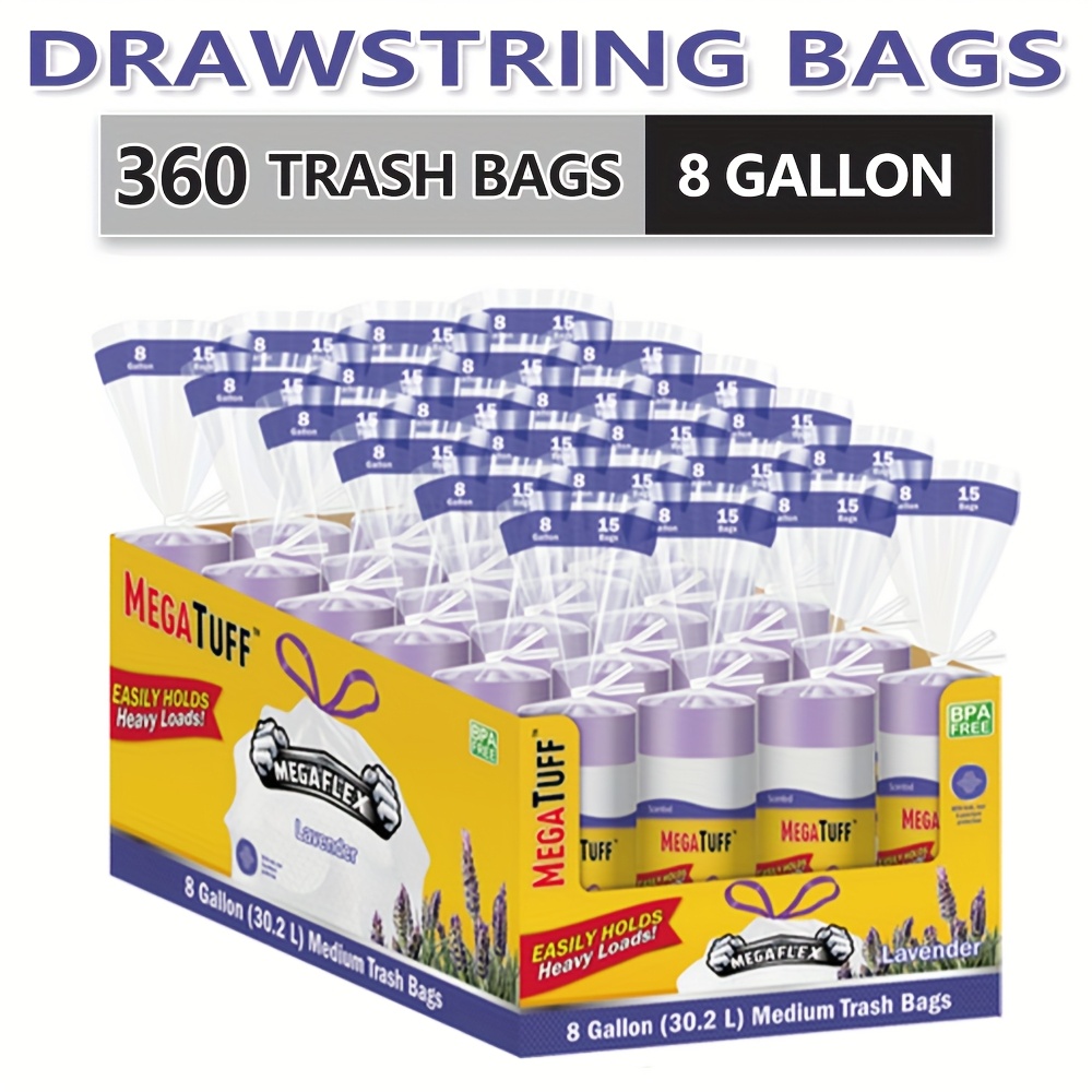 TEMU 360 Count Of 8-gallon Lavender-scented, Tear-resistant, Expandable Drawstring Trash Bags. Durable, And Odor-blocking Bags Are Ideal For Use In