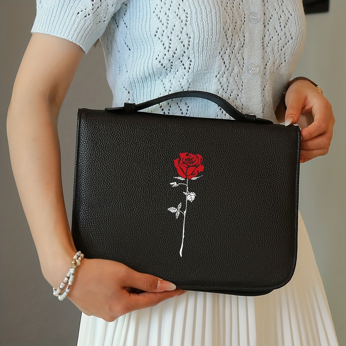

1pc Elegant Rose Embroidered Pu Leather Book Cover, Multi-functional Protector Case With Handle For Women