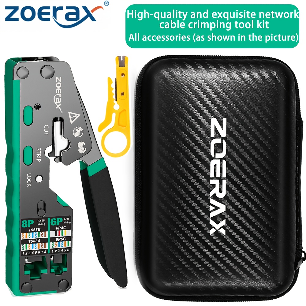 TEMU Zoerax Pass Through Rj45 Crimping Tool Kit, 8p/6p Ethernet Crimper With Wire Stripper And Hard Storage Case, For Rj11/rj12/rj45 Cat5e/cat6