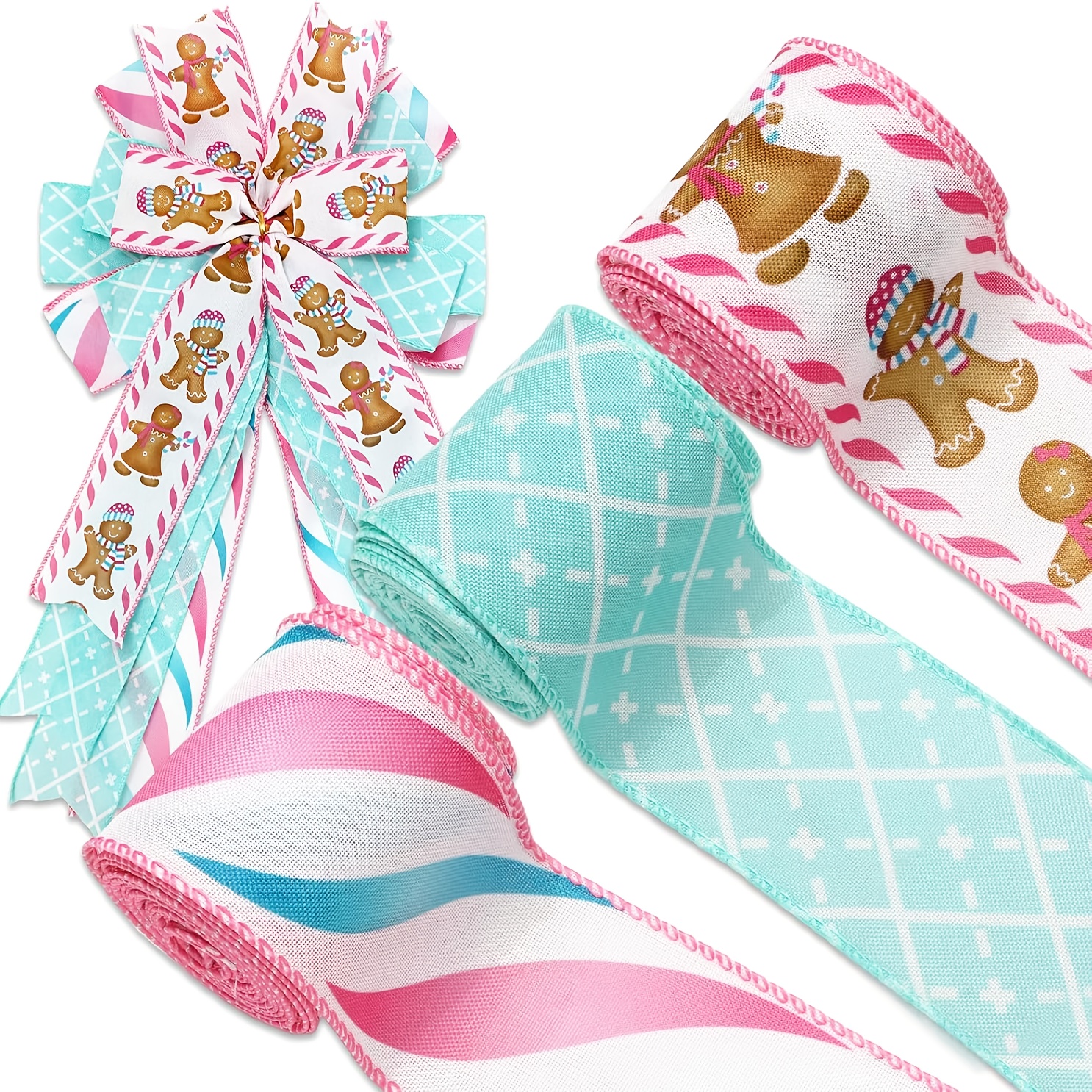 TEMU 3 Rolls Of Christmas Wired Edge Pink And Blue Checkered Striped Gingerbread Fabric Ribbon, Suitable For Making Wreaths And Bows For Packaging