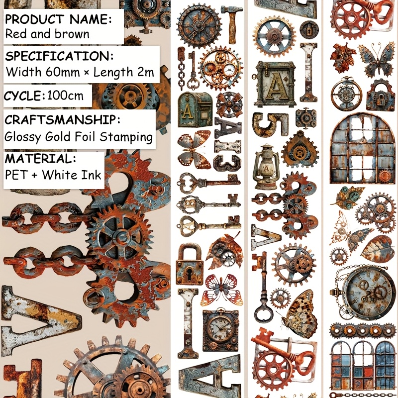 Image of 2m/roll Glossy Foil Stamping Vintage Gears Washi Tape Rusty Key Decorative Masking Tape For Sticker Scrapbooking Journal Aesthetic Stationery 100cm Loop