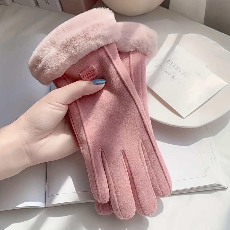 Cozy Plush-Lined Women's Winter Gloves with Letter Patches - Warm, Windproof & Touchscreen Compatible for Cycling and Outdoor Activities details 0