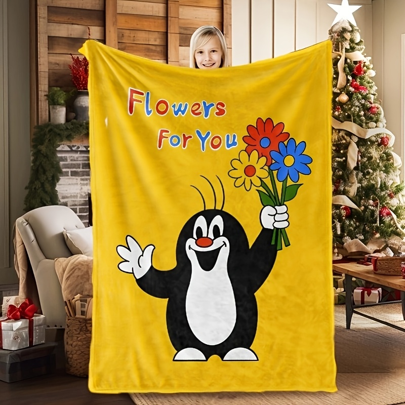 

1pc Style Geometric-pattern Flannel Throw Blanket, Polyester Knit, , With Flower-bearing Mole Design, For