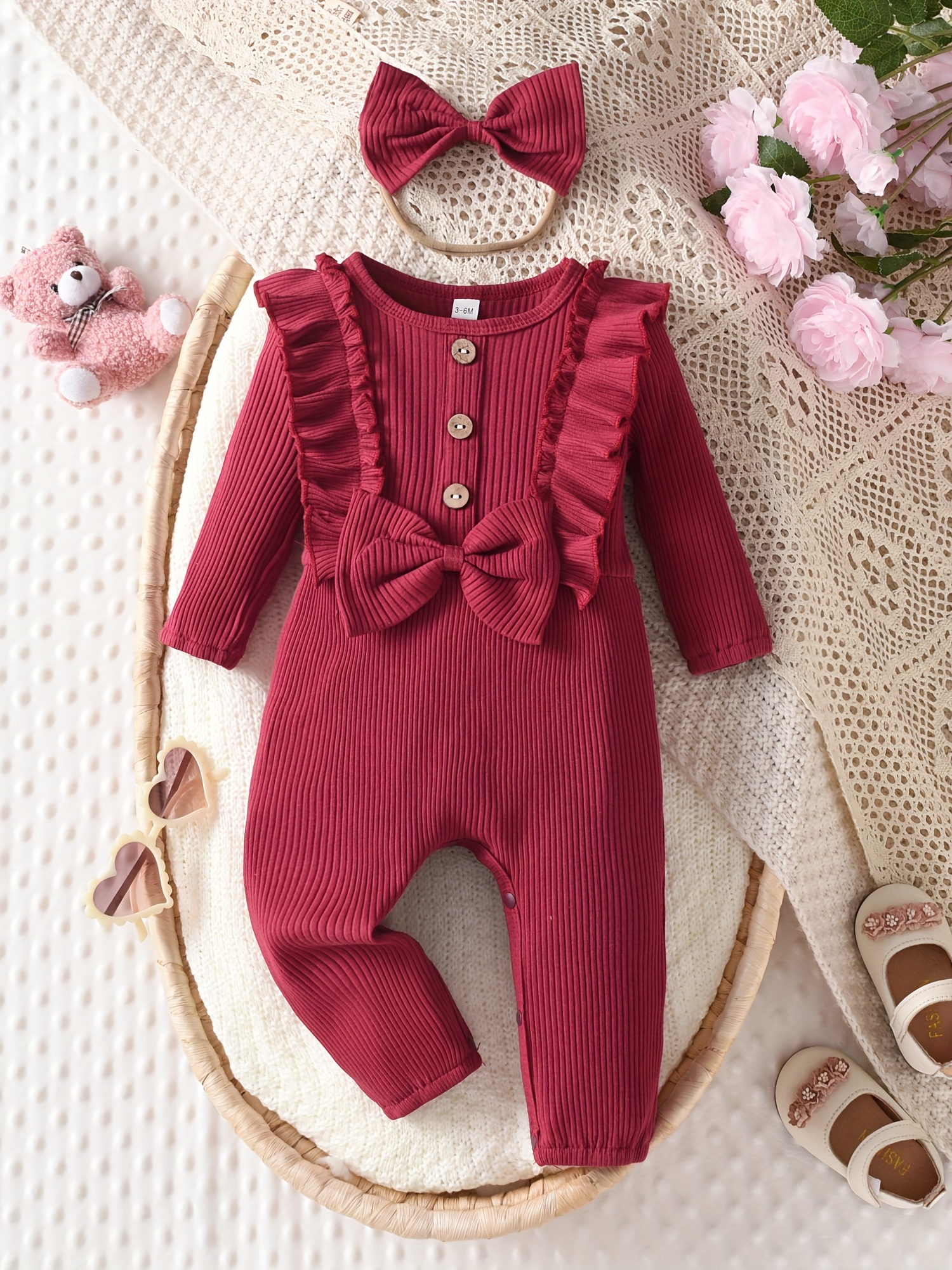 Newborn Baby Girl'S Long Sleeve Romper Soft Beige Round Neck Jumpsuit  with Bow Detail Button Front, Full-Length Infant Outfit for Spring,