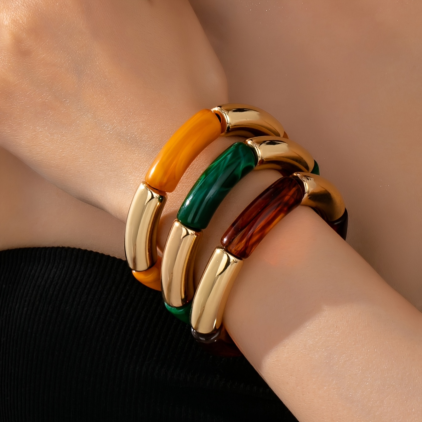 TEMU 3pcs Women's Fashion Elastic Bracelets, Lightweight Acrylic Material With Semi-transparent Irregular Texture, Suitable For Daily Wear And Holiday Parties