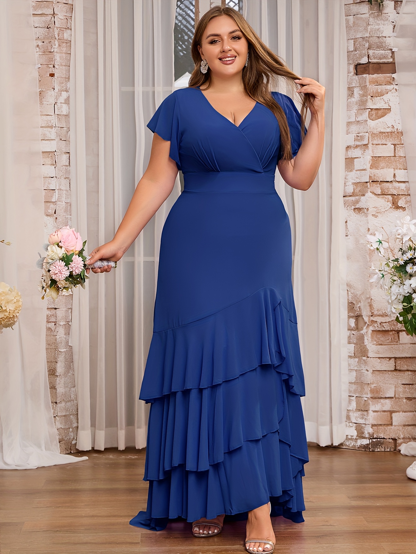 Plus Size Solid Layered Ruffle Hem Longline Dress, Elegant Cinched Waist  Flutter Sleeve Surplice Neck Dress For Party Banquet, Women's Plus Size 