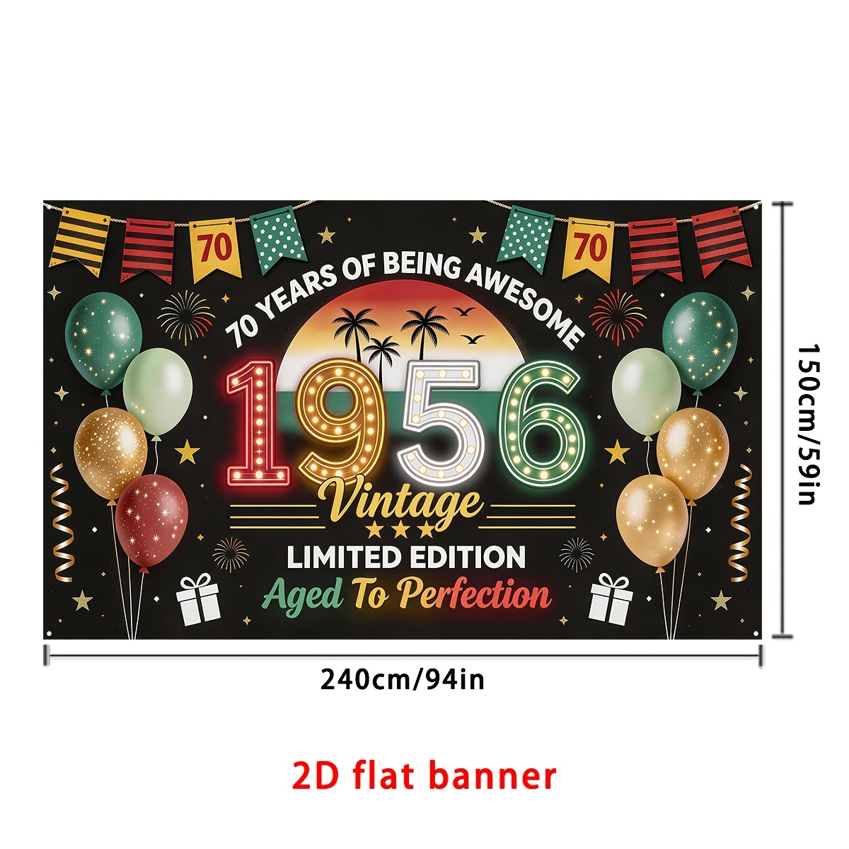 TEMU 2d Flat - 2d Flat - 2d Flat Party Banner, 1pc, 70th Birthday Party Backdrop Banner, Retro 1956 Vintage Neon , " Edition Aged To Perfection"