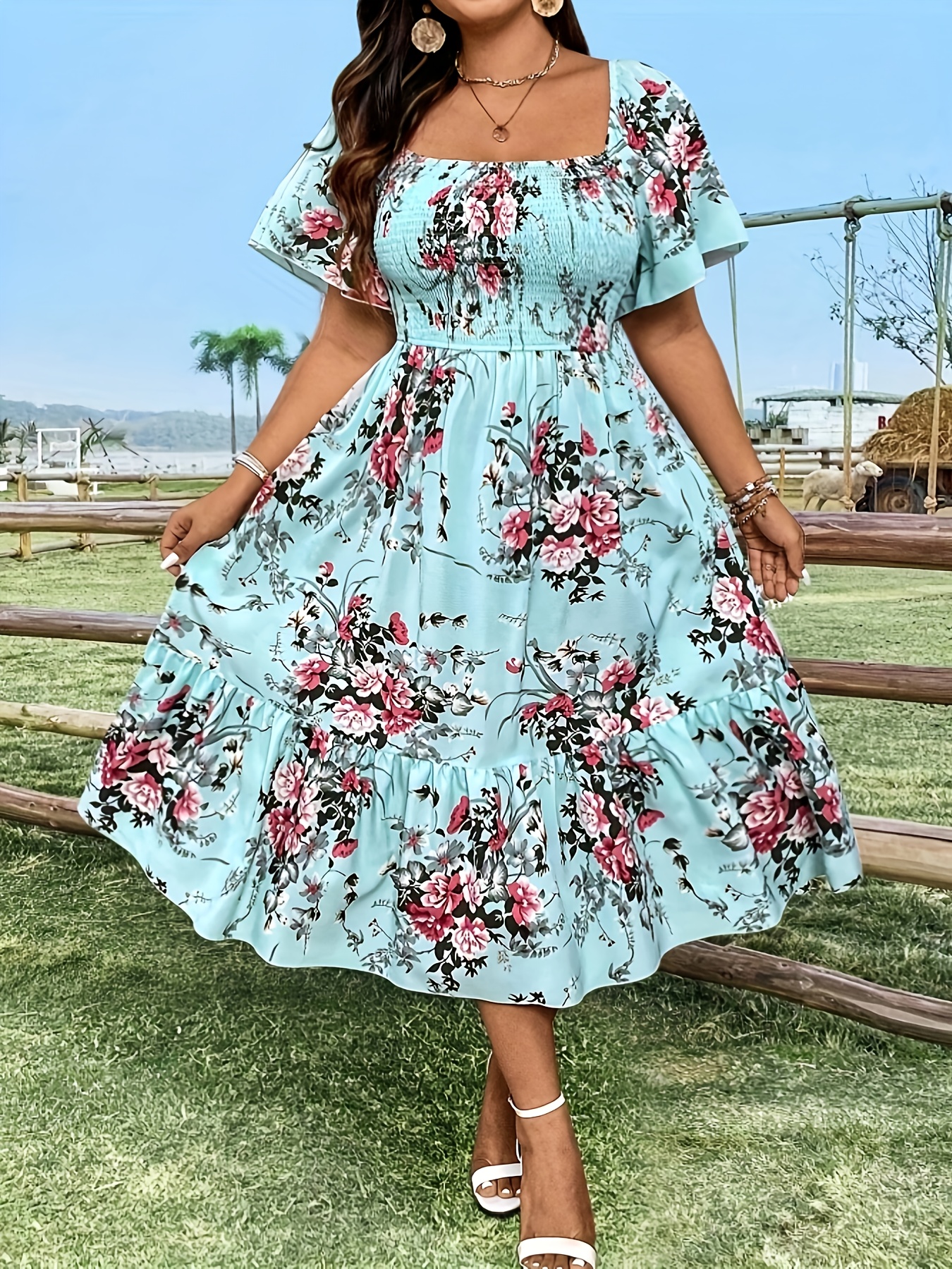 Plus Size Light Neck Floral Print Smocked Waist A-Line Dress Elegant *r  Casual Dress with Umbrella Hem, Machine Washable, Cute