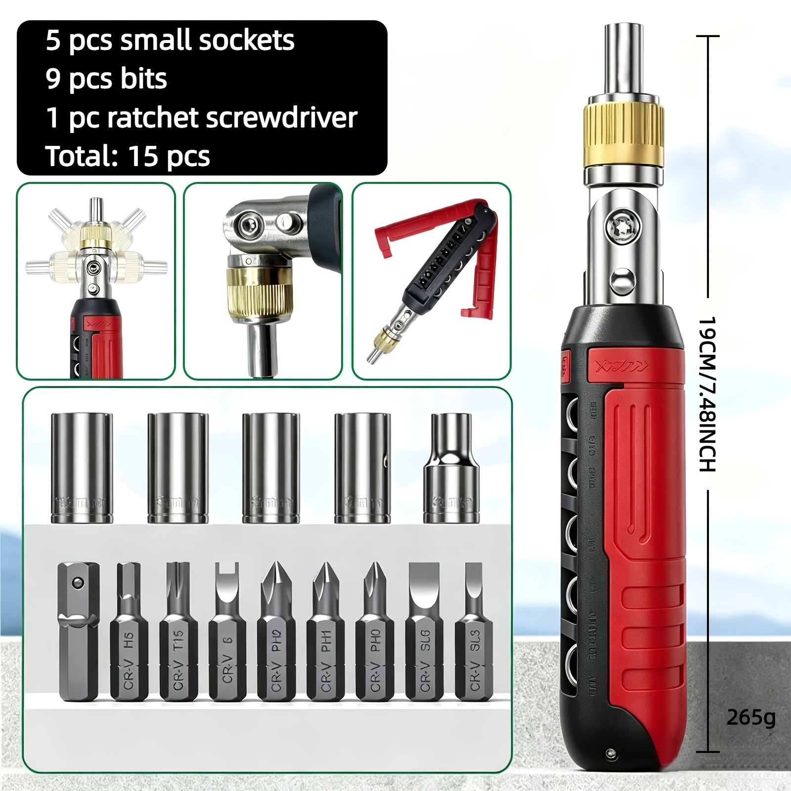 TEMU 15pcs Multi Function Folding Ratchet Screwdriver With Ratchet Mechanism, 180 Degree Rotatable Design, Bits With Hidden Storage, Comfortable Non