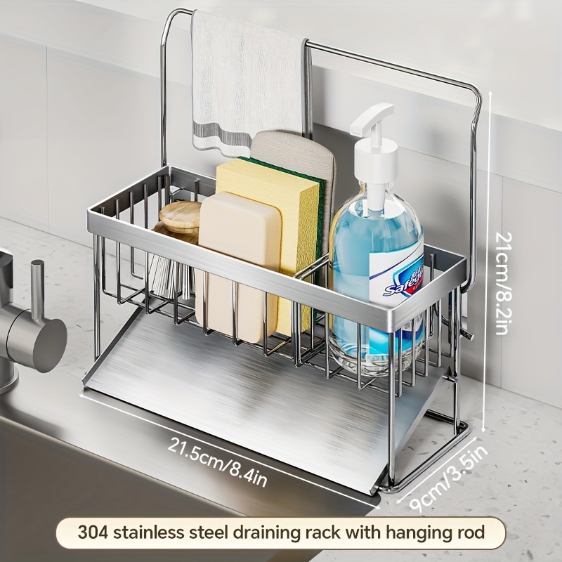 Image of Stainless Steel Sink Caddy Organizer With Drain Tray - Rustproof Kitchen Storage For Sponges, Soap Dispenser, And Cleaning Cloths - Durable Countertop Accessory, Sponge Holder For Kitchen Sink
