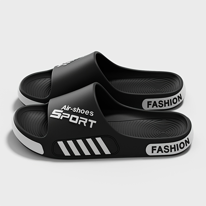 TEMU Thick-soled Slip-on Slippers Designed For , Featuring Cushioning Technology For Lightweight, Effortless Walking. Side Stripe Accents And Letter