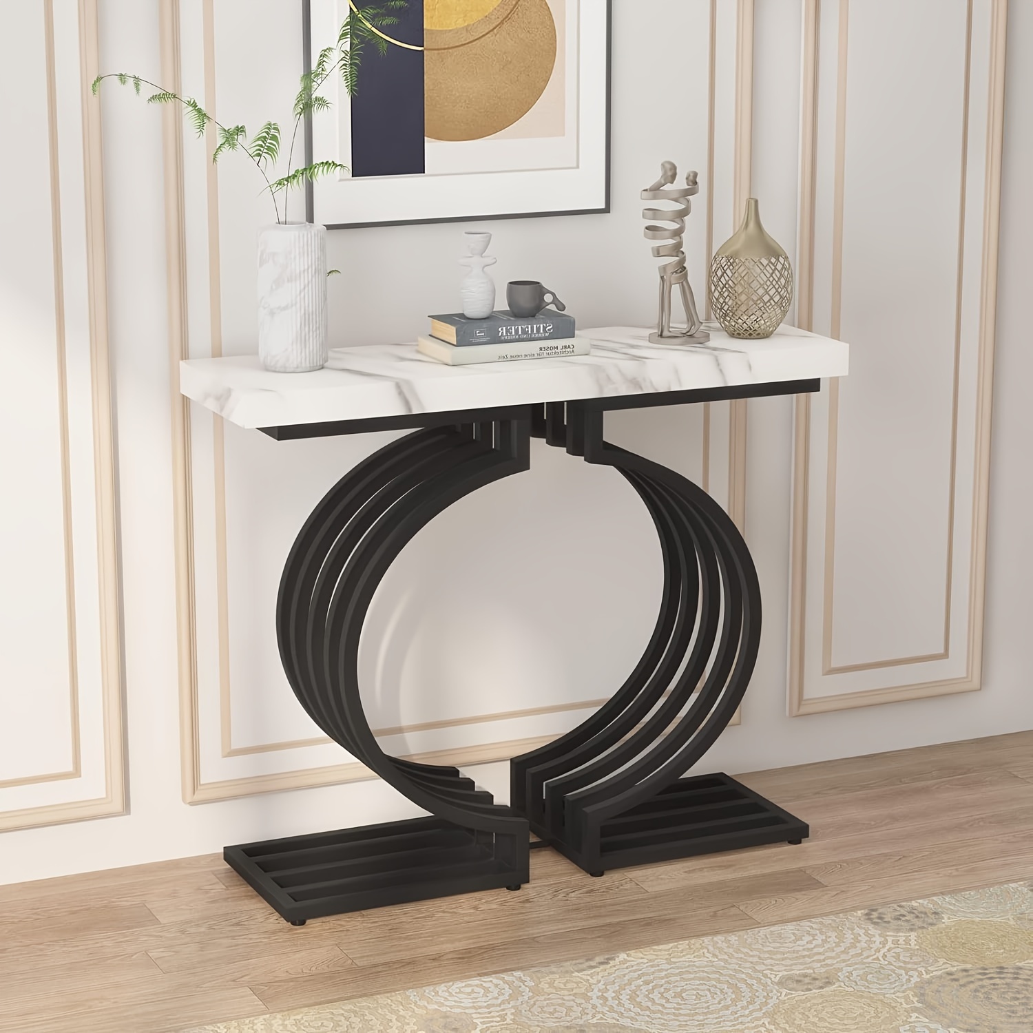 

40 Inch Entryway Table With Faux Marble Tabletop, Modern Console/accent Table With Geometric Legs And Black Base, Suitable For Living Room Hallway